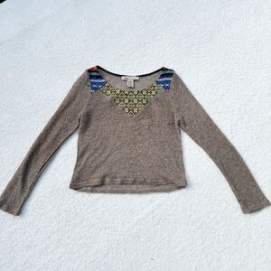 Billy FLYING TOMATO Y2K Boho Knit Top Slim M Aztec Festive Print Brown Pullover